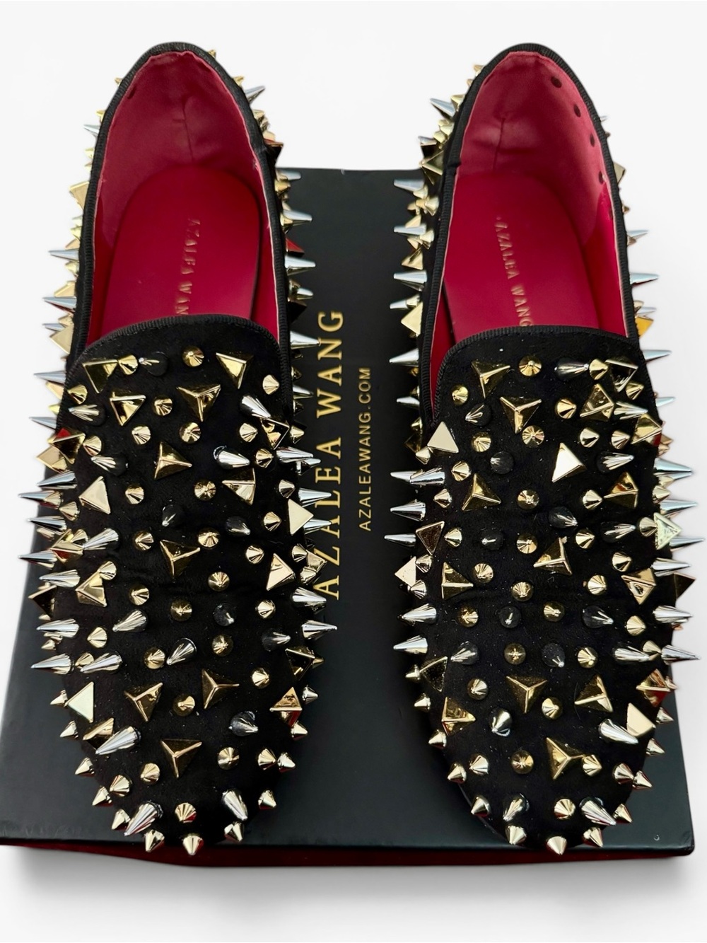 Azalea Wang Holt Black Gold/Silver Spiked/Studded Suede Loafers - Picture 6 of 11